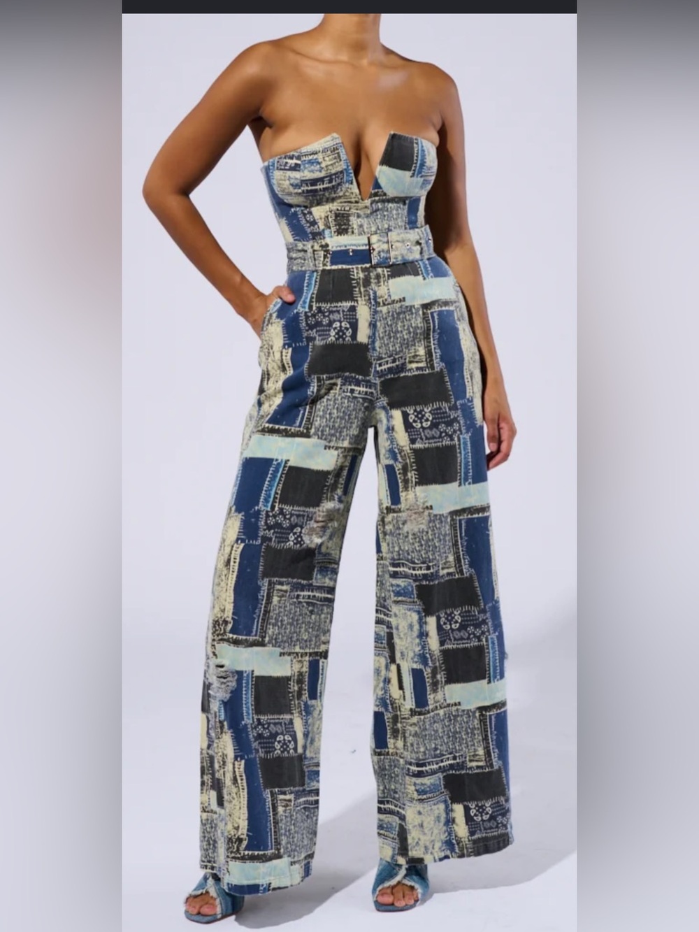 Strapless Patchwork Wide-Leg Jumpsuit - Blue